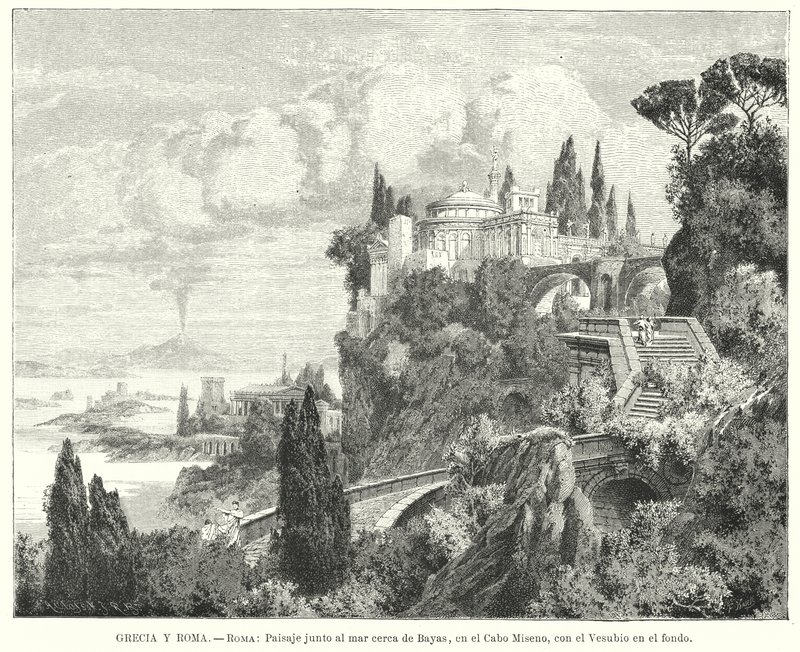 Pobřeží Neapolského zálivu ze starověkého římského města Baiae, Cape Miseno, s Vesuvem v dálce (litho) od German School