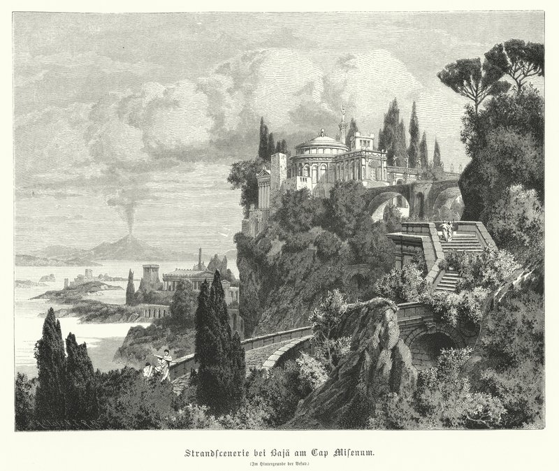 Pobřeží Neapolského zálivu ze starověkého římského města Baiae, Cape Miseno, s Vesuvem v dálce (rytina) od German School
