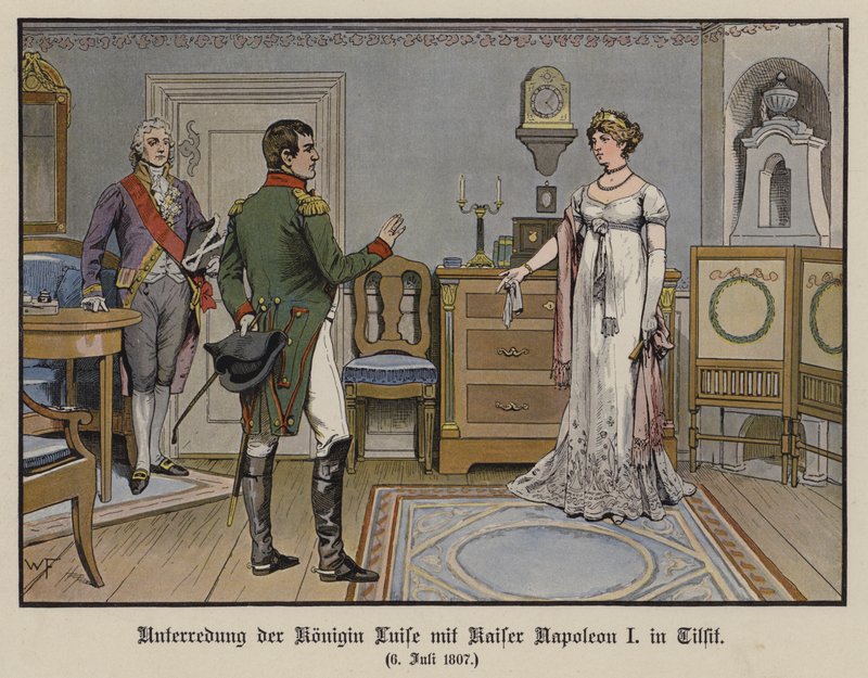 Rozhovor mezi královnou Louise Pruskou a císařem Napoleonem I. v Tilsitu, 6. července 1807 (barevně lito) od German School
