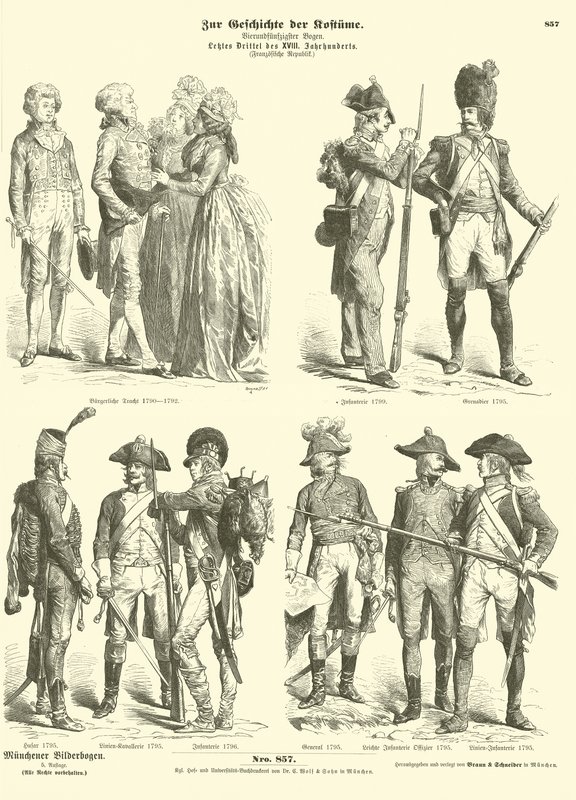 Kostýmy a vojenské uniformy republikánské Francie, 1790s od German School