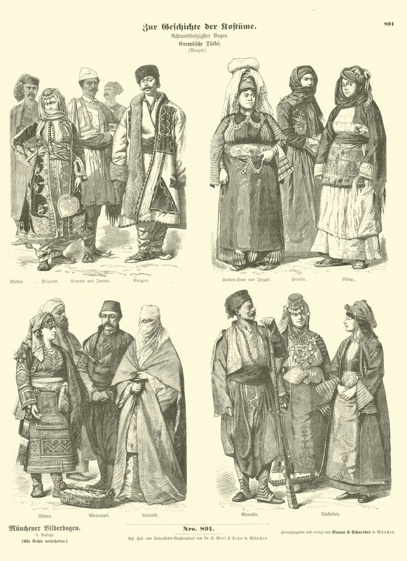 Kostýmy osmanské turecké Evropy, konec 19. století od German School