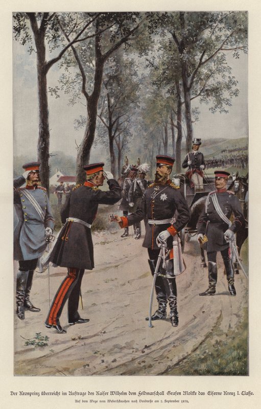 Korunní princ Frederick z Německa uděluje polnímu maršálu Helmuth von Moltke Železný kříž jménem svého otce císaře Viléma I. (barva lito) od German School