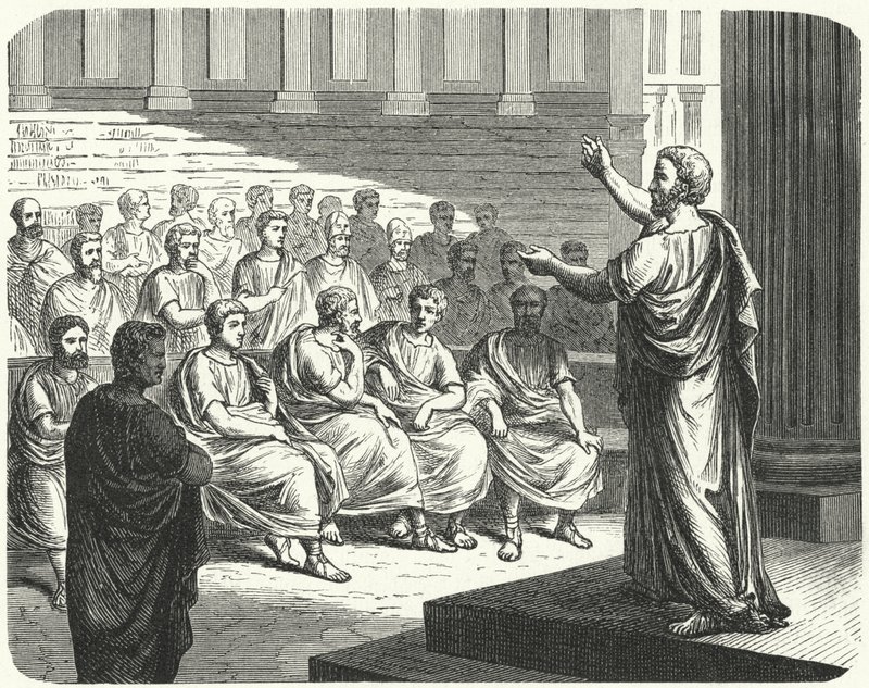 Demosthenes mluví proti Filipovi II Makedonskému od German School