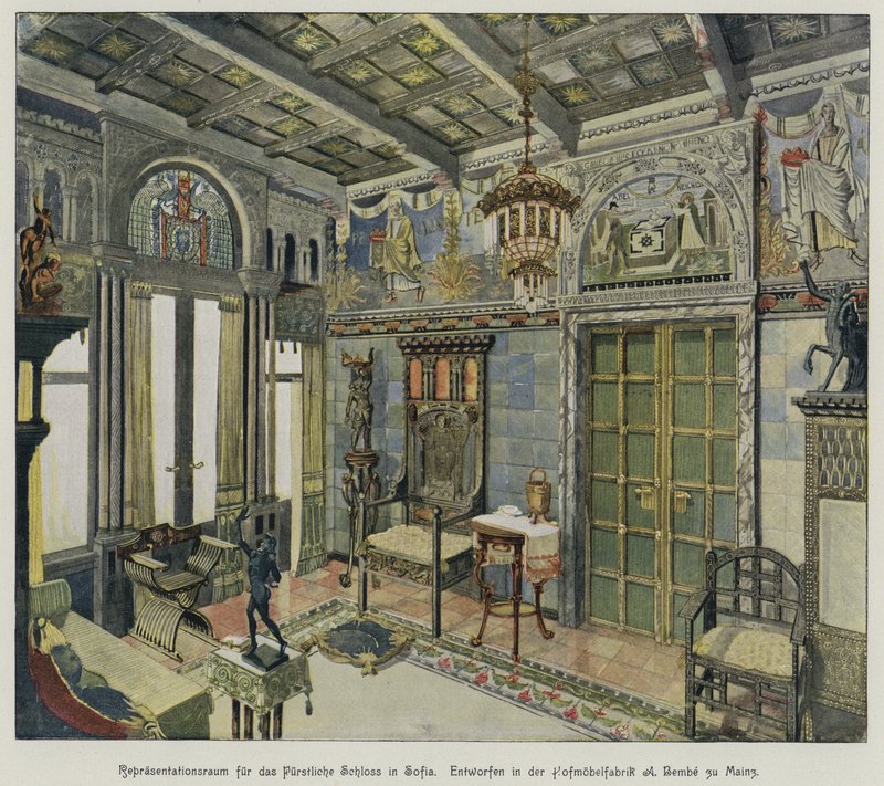 Design pro pokoj v královském paláci v Sofii, Bulharsko, vyrobeno továrnou na nábytek A Bembe v Mohuči, Německo (barevné rytí) od German School