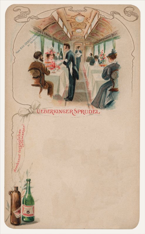 Jídelní vůz ve vlaku, reklama na stolní vodu Ueberkinger Sprudel (chromolitho) od German School
