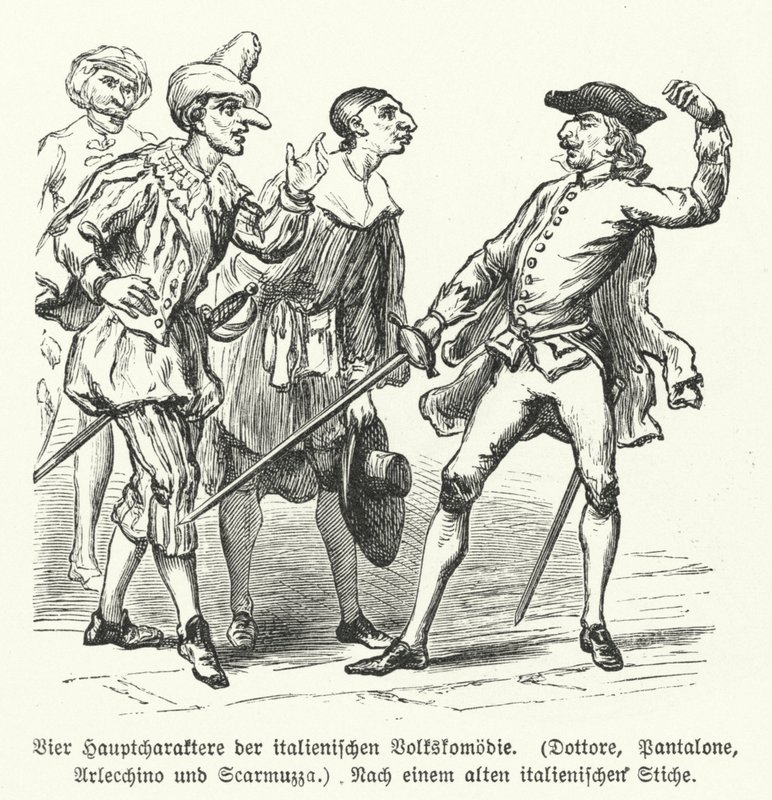 Doktor, Pantalone, Arlecchino a Scaramuccia, čtyři postavy z Commedia dell