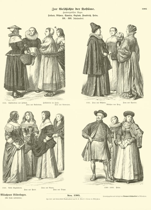 Holandština, bohémština, španělština, angličtina, francouzština a polština, kostýmy, 16. - 17. století od German School