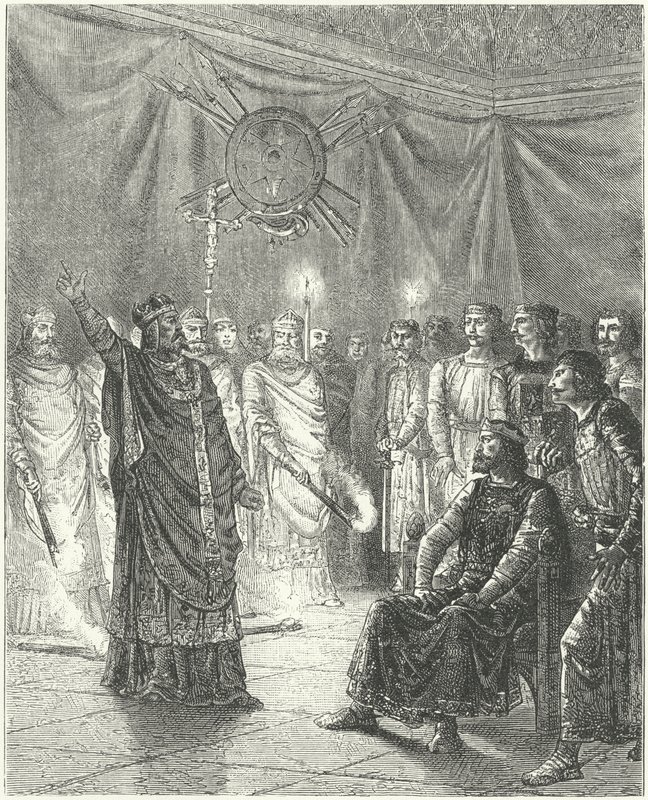 Edmund Rich, arcibiskup z Canterbury, vyhrožuje králi Jindřichu III. exkomunikací od German School