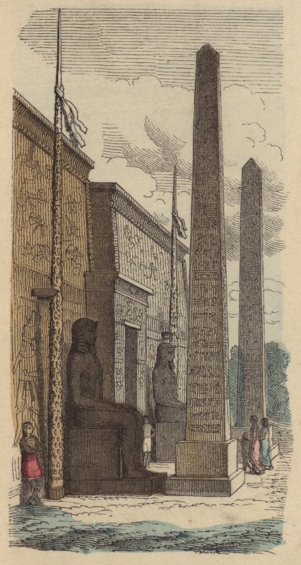 Vchod do starověkého egyptského palácového chrámu (barevná rytina) od German School