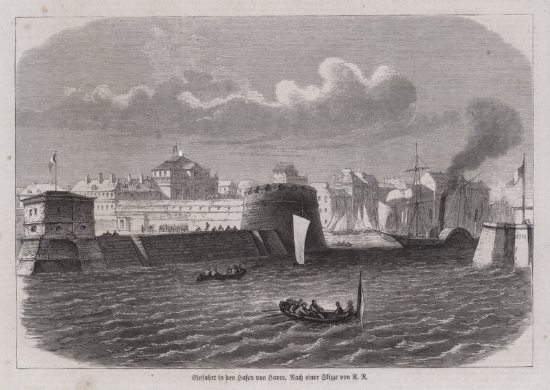Vjezd do přístavu Le Havre, Francie (rytina) od German School
