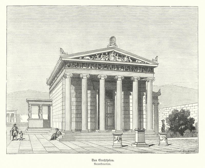 Erectheion, chrám zasvěcený Athéně a Poseidonovi na Akropoli, Atény, starověké Řecko (rytina) od German School
