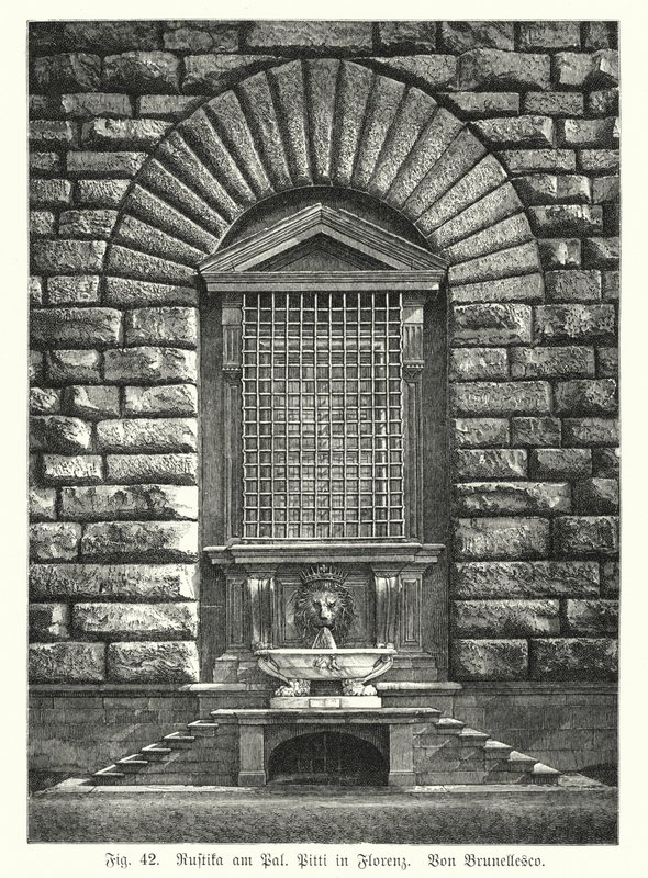 Příklad rustifikace, Filippo Brunelleschi, Palazzo Pitti, Florencie, Itálie (rytina) od German School