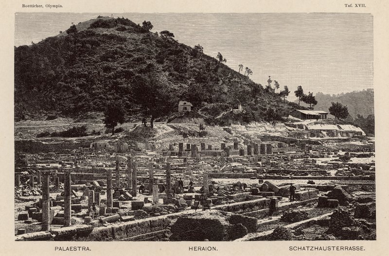Vykopávky na místě starověké Olympie, Řecko: Palaestra, Héřin chrám a pokladnice (rytina) od German School