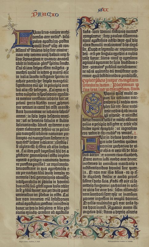 Faksilimile 42řádkové latinské bible Johannese Gutenberga z roku 1455 (barevné lito) od German School