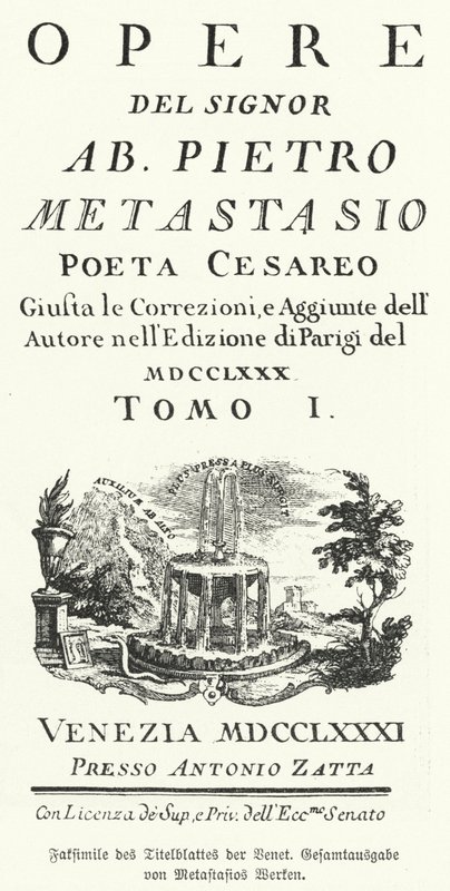 Faksimile titulní strany benátského vydání sebraných děl italského básníka a libretisty Pietra Metastasia (litho) od German School