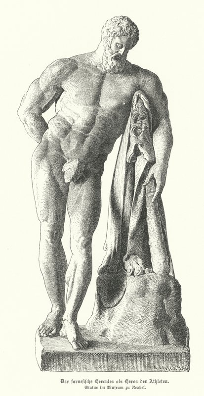Farnese Hercules, římská kopie starověké řecké sochy od Lysippos (rytina) od German School