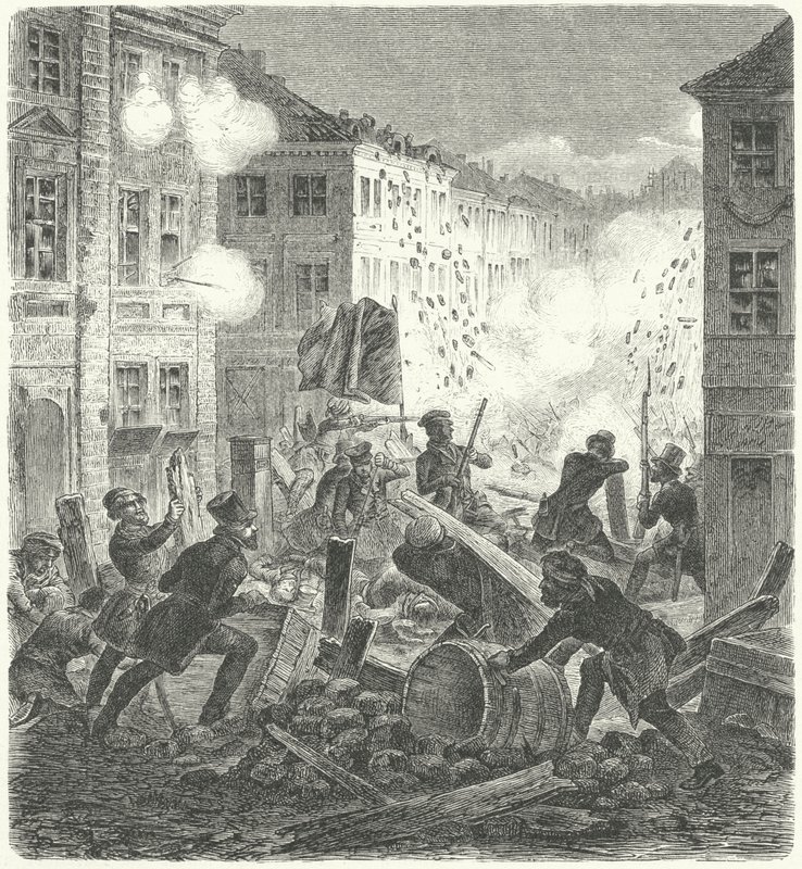 Boj na barikádě před radnicí Colln, Berlín, revoluce 1848 (rytina) od German School