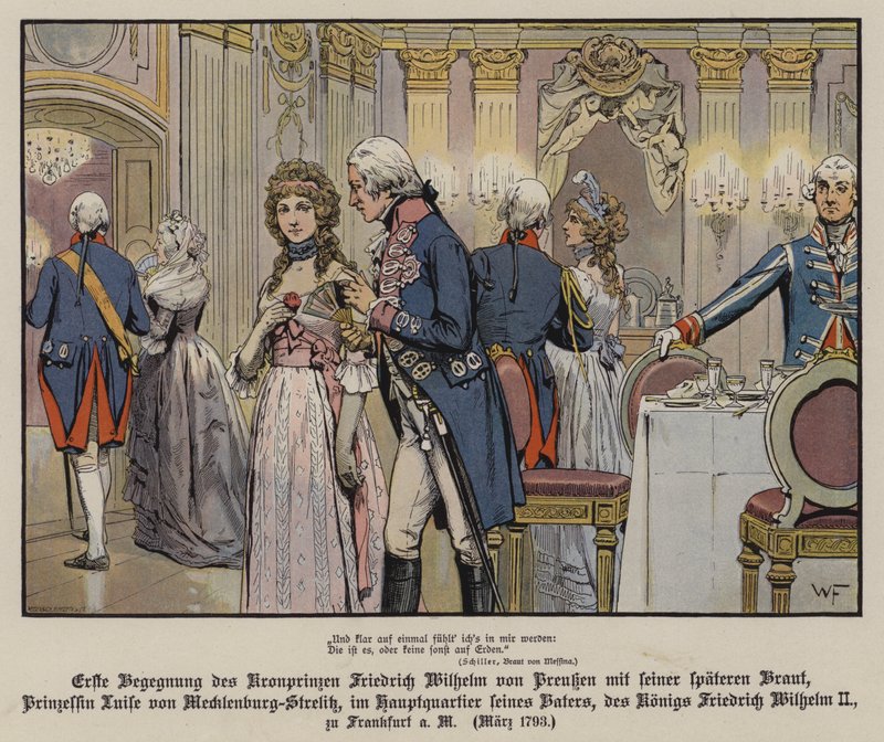 První setkání korunního prince Fridricha Viléma Pruského a jeho budoucí nevěsty, princezny Louise z Mecklenburg-Strelitz v sídle jeho otce, krále Fridricha Viléma II., ve Frankfurtu od German School
