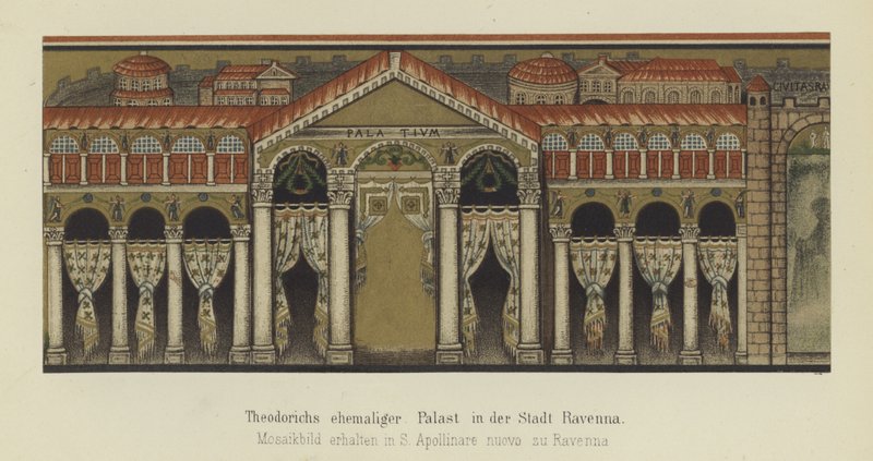 Bývalý palác Theoderika Velikého, krále Ostrogótů, v Ravenně, Itálie (barva litho) od German School