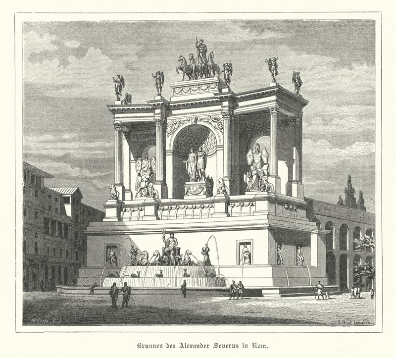 Fontána Alexandra Severa, starověký Řím (rytina) od German School