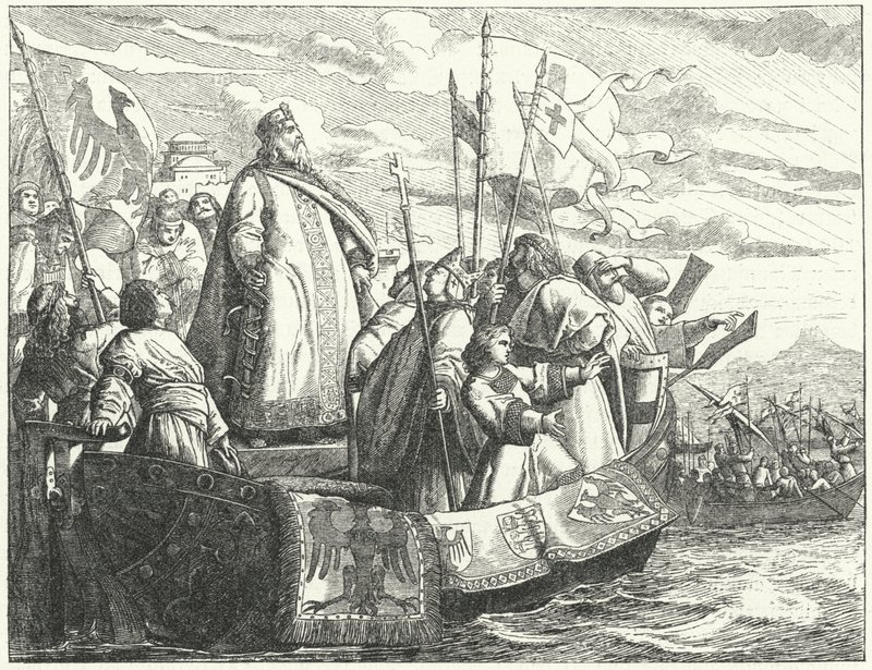 Frederick Barbarossa a jeho armáda překračující Bospor na třetí křížové výpravě od German School
