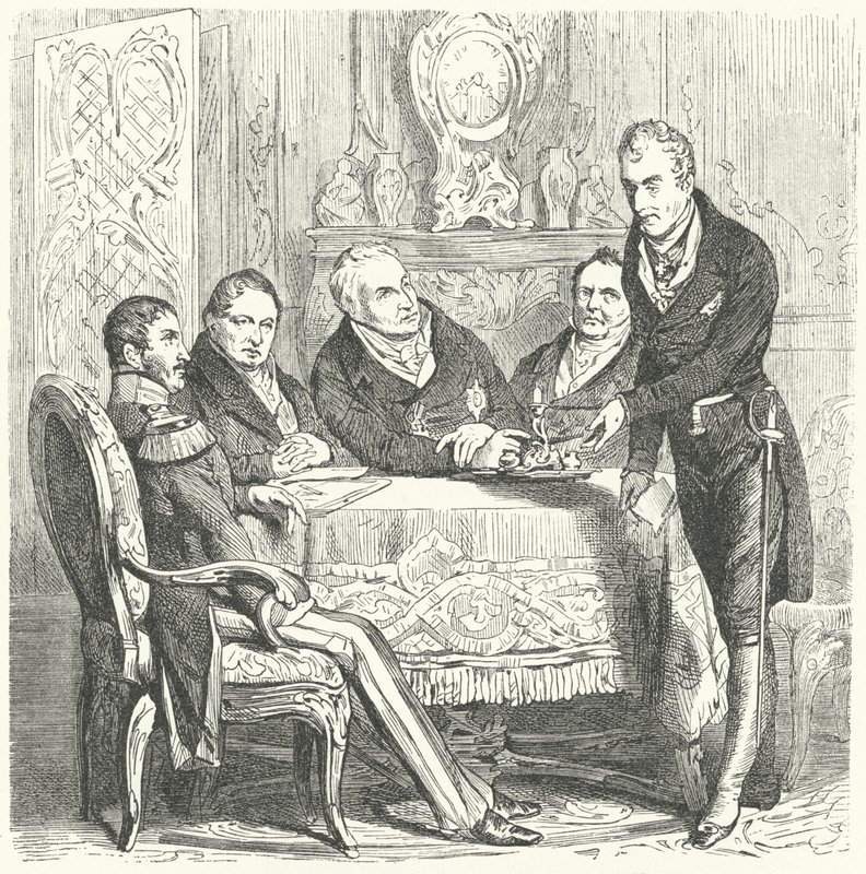 Fridrich Vilém III. Pruský při jednání se svým premiérem Karlem Augustem von Hardenbergem a Klemensem von Metternichem, rakouským ministrem zahraničí (rytina) od German School