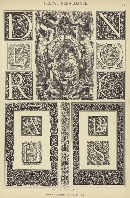 Francouzská renesance, typografické ornamenty (barevné lito) od German School