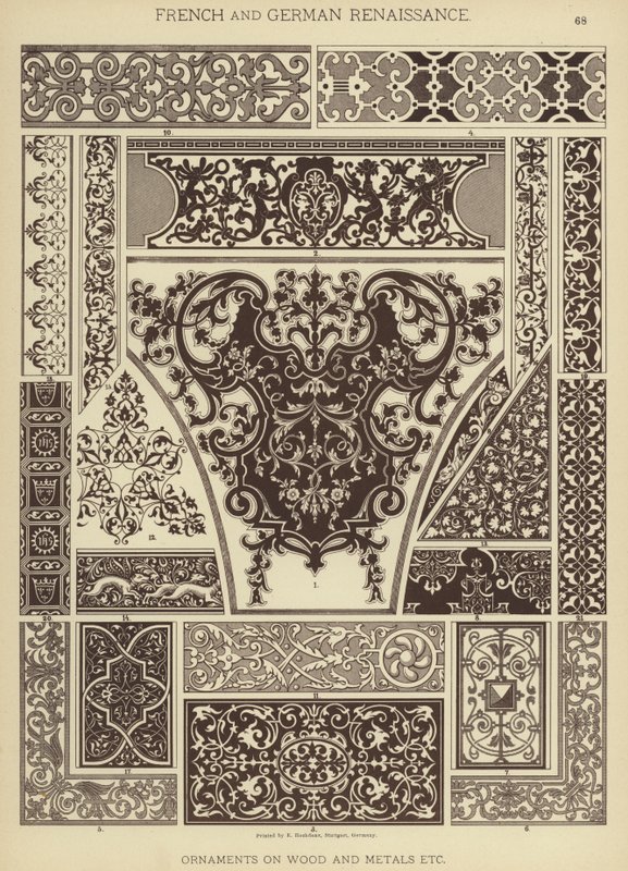Francouzská a německá renesance, Ornamenty na dřevě a kovech atd. (barevné lito) od German School