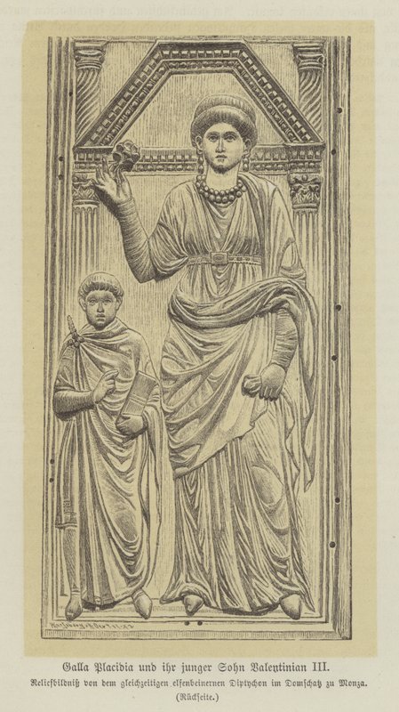 Galla Placidia, dcera římského císaře Theodisia I., a její syn Valentinian III (rytina) od German School