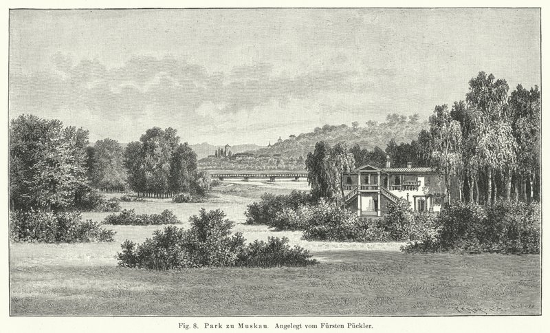 Zahradní design: Muskau Park, Německo, navržený princem Hermannem von Pueckler-Muskau (rytina) od German School