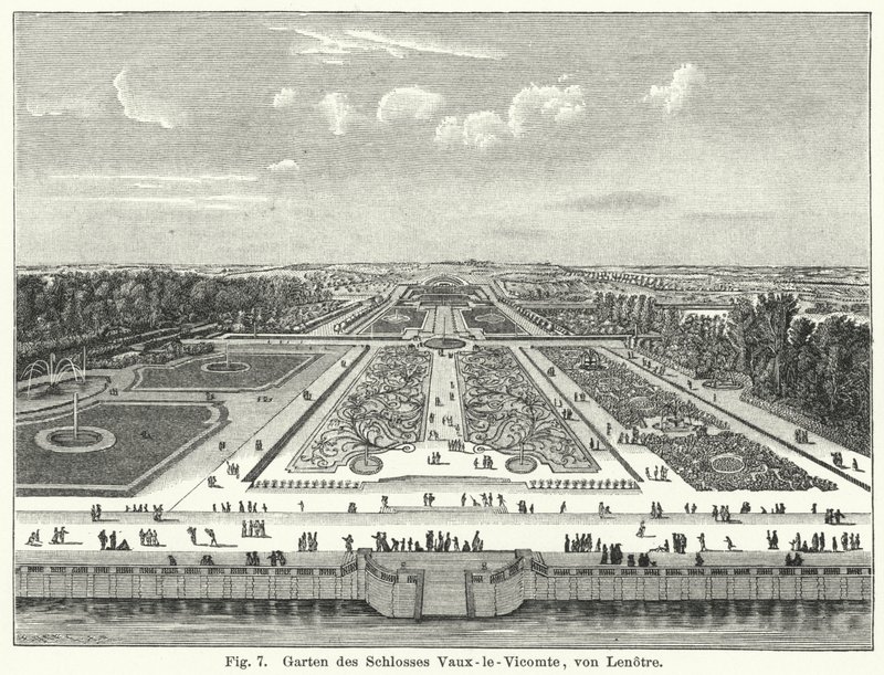 Zahradní design: zahrady Chateau de Vaux-le-Vicomte, Maincy, Francie, vytyčené Andre le Notre v 17. století (rytina) od German School