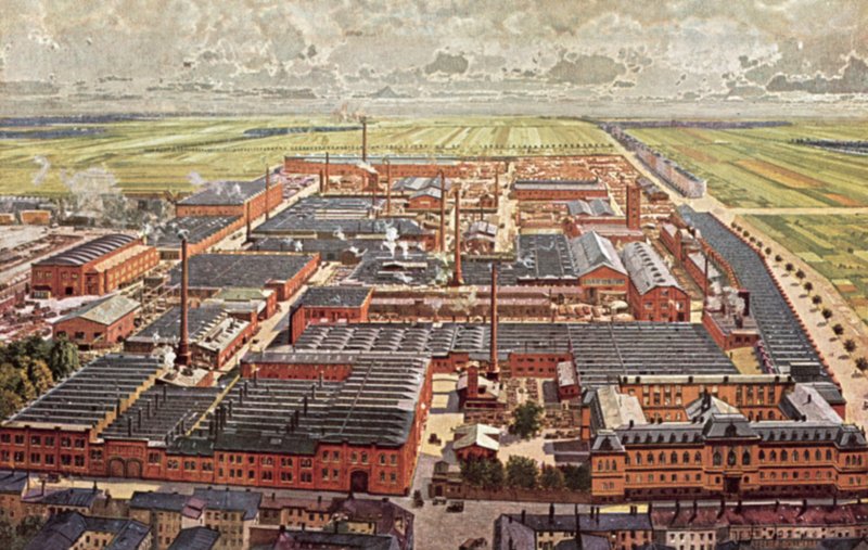 Celkový pohled na zbrojovku Krupp Grusonwerk, Magdeburg, Německo od German School
