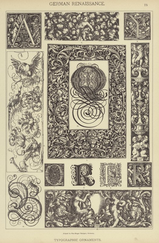Německá renesance, typografické ornamenty (barevné lito) od German School