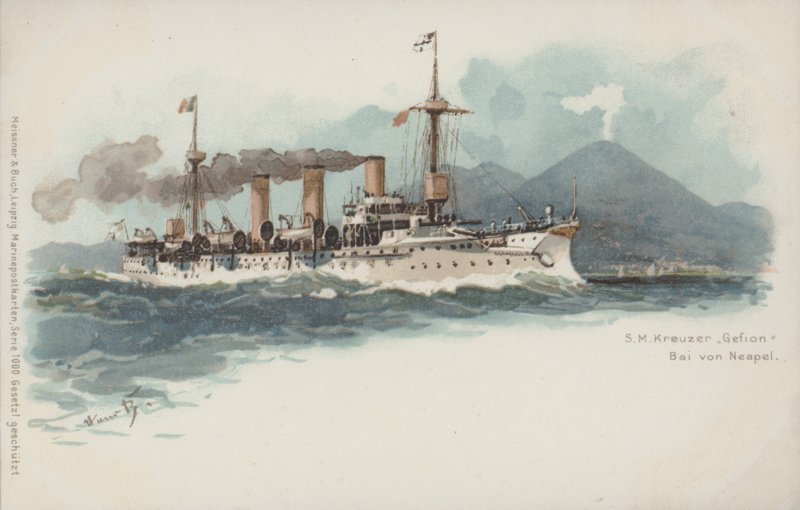 Německý křižník Gefion v Neapolském zálivu, Itálie (chromolitho) od German School