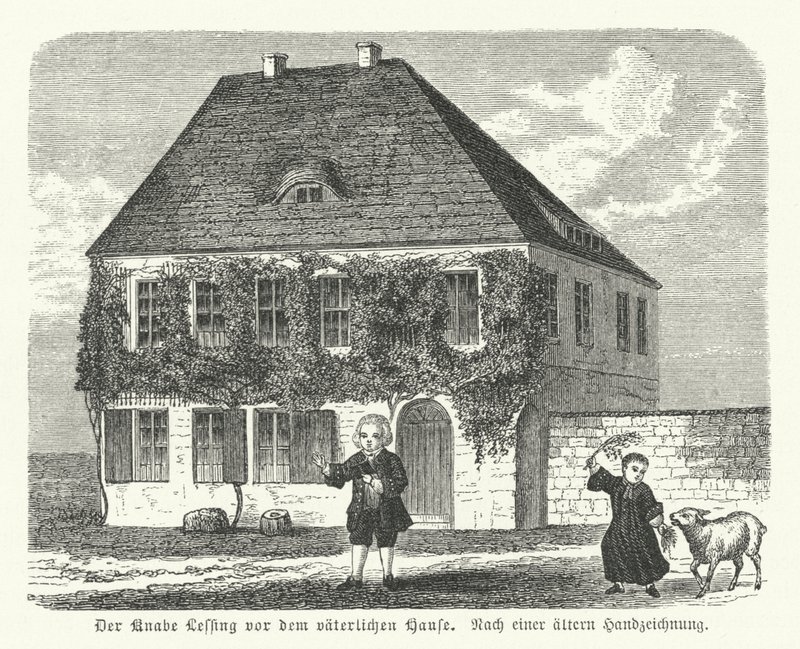 Německý filozof a dramatik Gotthold Ephraim Lessing před domem svého otce v Kamenz jako chlapec (rytina) od German School