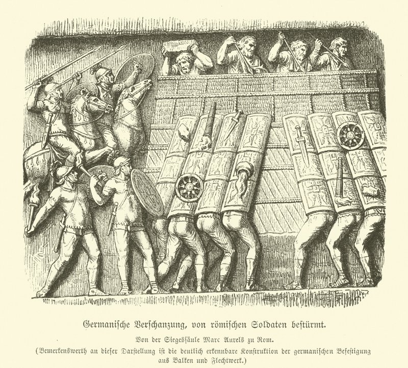 Germánské opevnění pod útokem římských vojáků (rytina) od German School