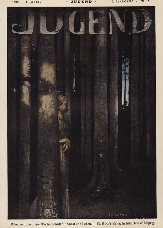 Dívka chodící v noci v lese (barva litho) od German School