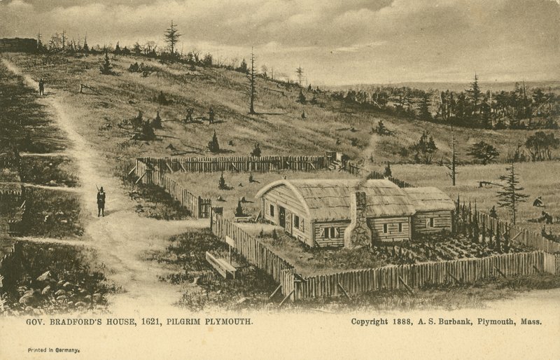 Dům guvernéra Williama Bradforda, Plymouth Colony (litho) od German School
