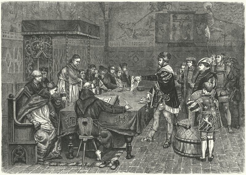 Gustav I Vasa, švédský král, konfrontující Petera Sunnanvadera, biskupa z Vasteras od German School