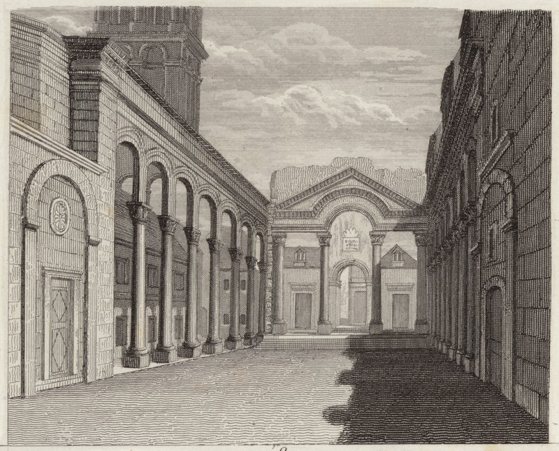 Sál paláce římského císaře Diokleciána, Spalato (Split, Chorvatsko). Ilustrace pro Bilder-Atlas (rytina) od German School