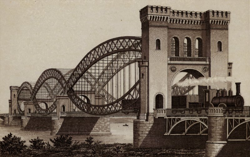 Hamburk: Eisenbahn-Elb-Brucke, Železniční most přes Labe (litho) od German School