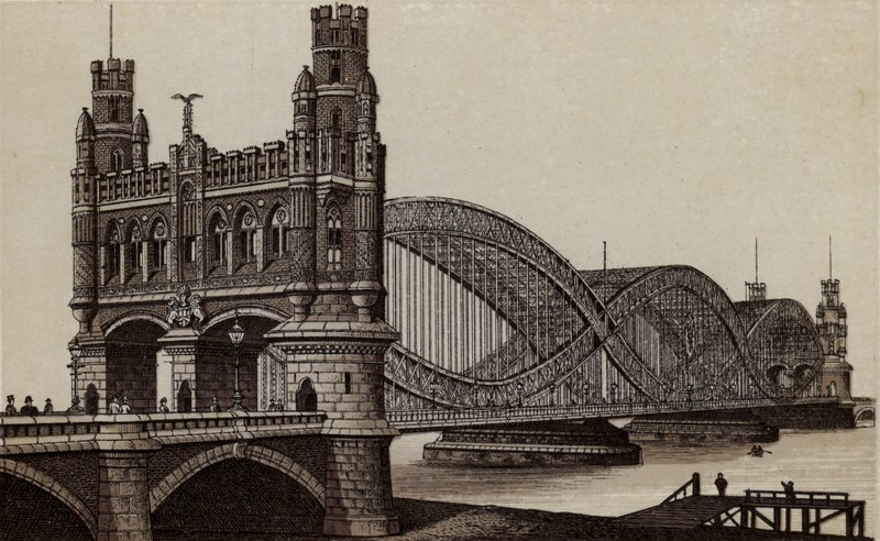 Hamburk: Neue Elbbrücke, Nový most přes Labe (litho) od German School