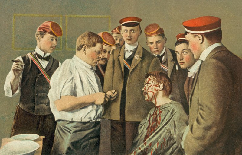 Student Heidelberské univerzity zraněný v šavlovém souboji (barevná litografie) od German School