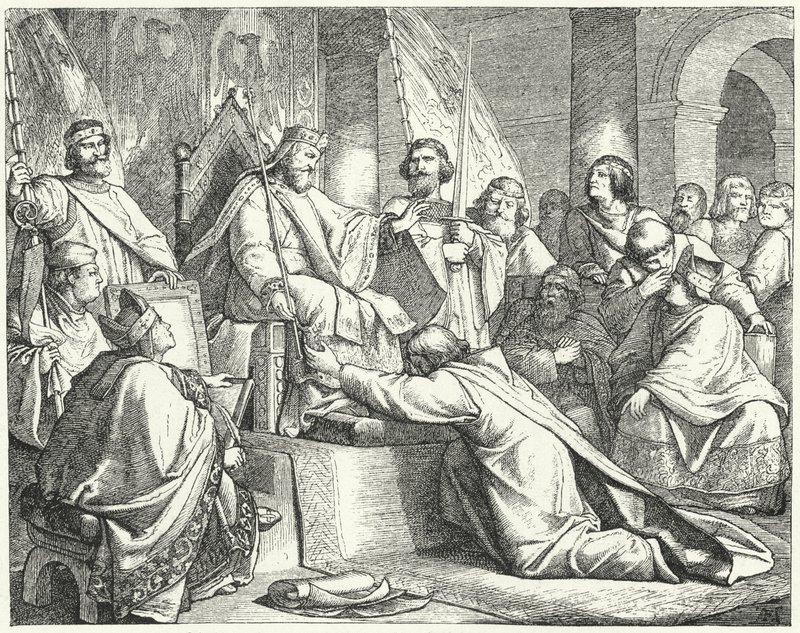 Jindřich Lev, vévoda saský, podléhající Fredericku Barbarossovi v Erfurtu od German School