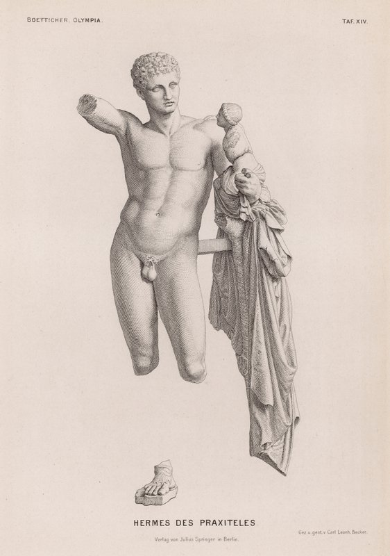 Hermes a nemluvně Dionýsos, socha připisovaná Praxitelovi vykopaná v Olympii, Řecko (rytina) od German School