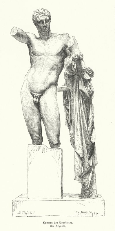 Hermés a nemluvně Dionýsos, socha starověkého řeckého sochaře Praxitela objevená v troskách Hérina chrámu v Olympii (rytina) od German School