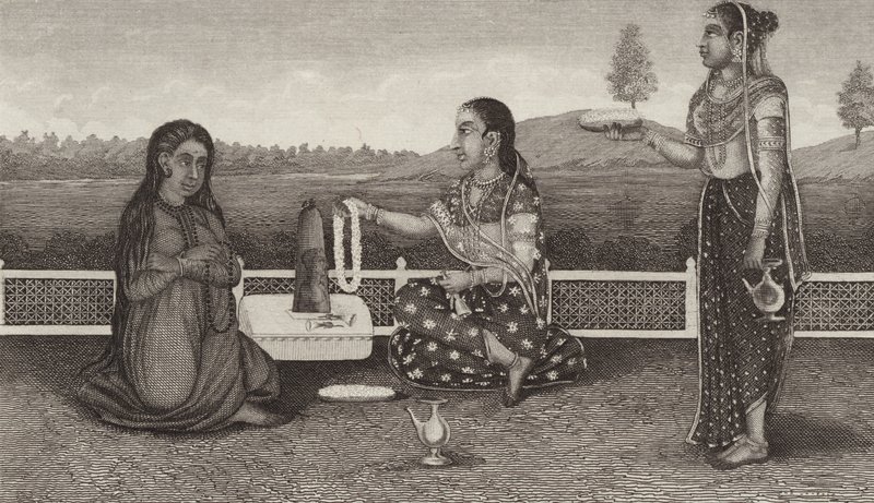 Hinduistické uctívání mrtvých, Indie. Ilustrace pro Bilder-Atlas (rytina) od German School