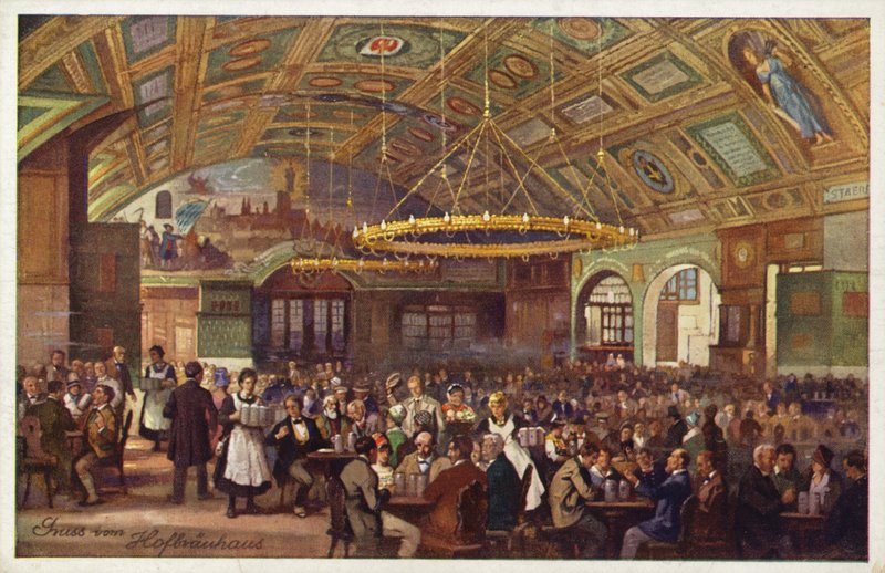 Hofbrauhaus, Mnichov (barevná litografie) od German School