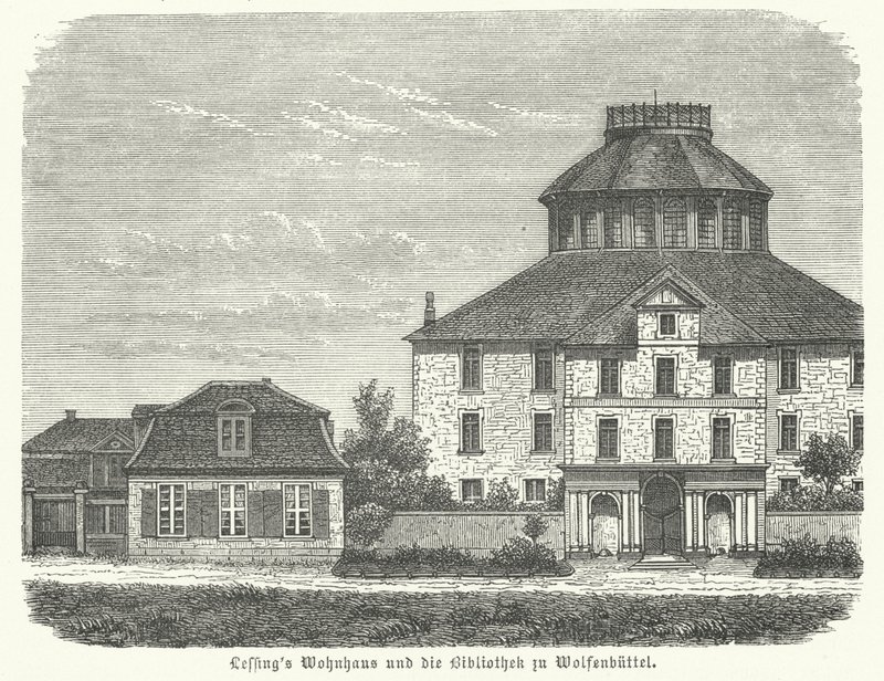 Domov německého filozofa a dramatika Gottholda Ephraima Lessinga a knihovna ve Wolfenbuettelu (rytina) od German School