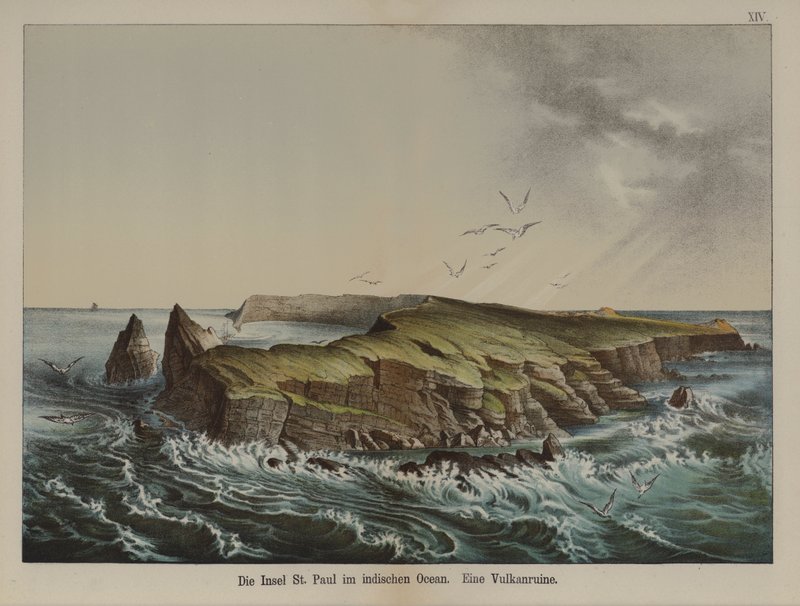 Ile Saint-Paul, sopečný ostrov v Indickém oceánu (barva litho) od German School